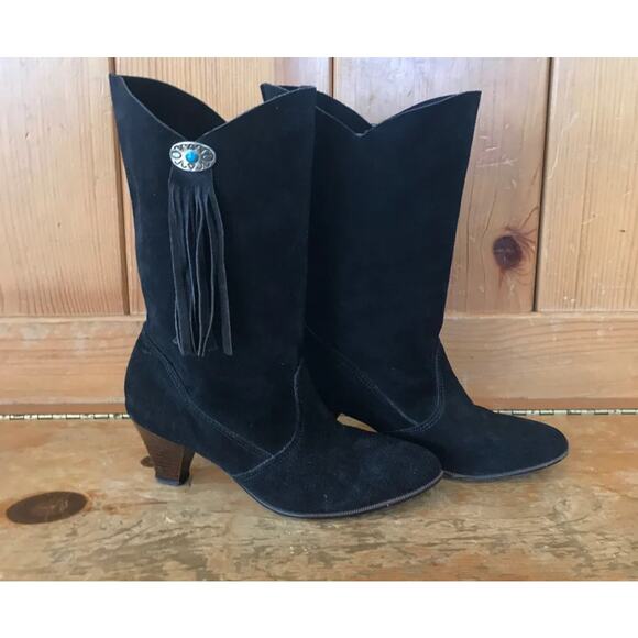 pinwheels Shoes - Vintage Pinwheels Western Black Suede BootsTurquoise Fringe Size 8.5 Cowboycore